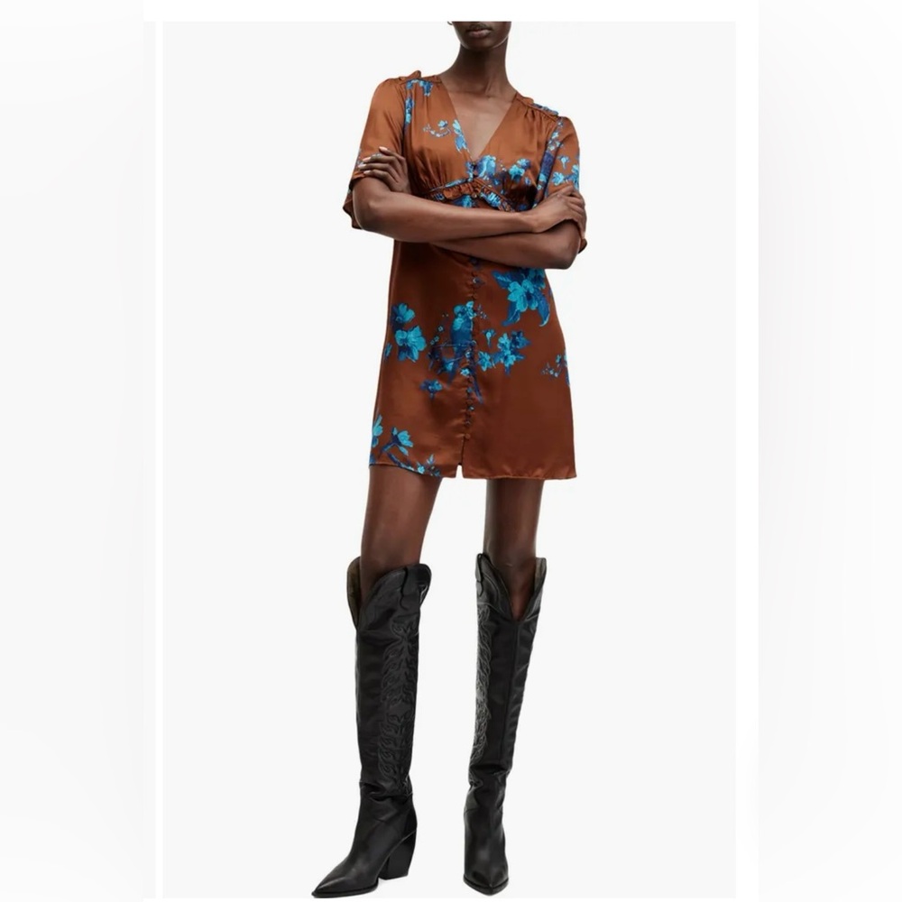 All Saints Tiam Iona Silk Blend Empire Waist Satin Mini Dress Size 0 NWT - Picture 2 of 16